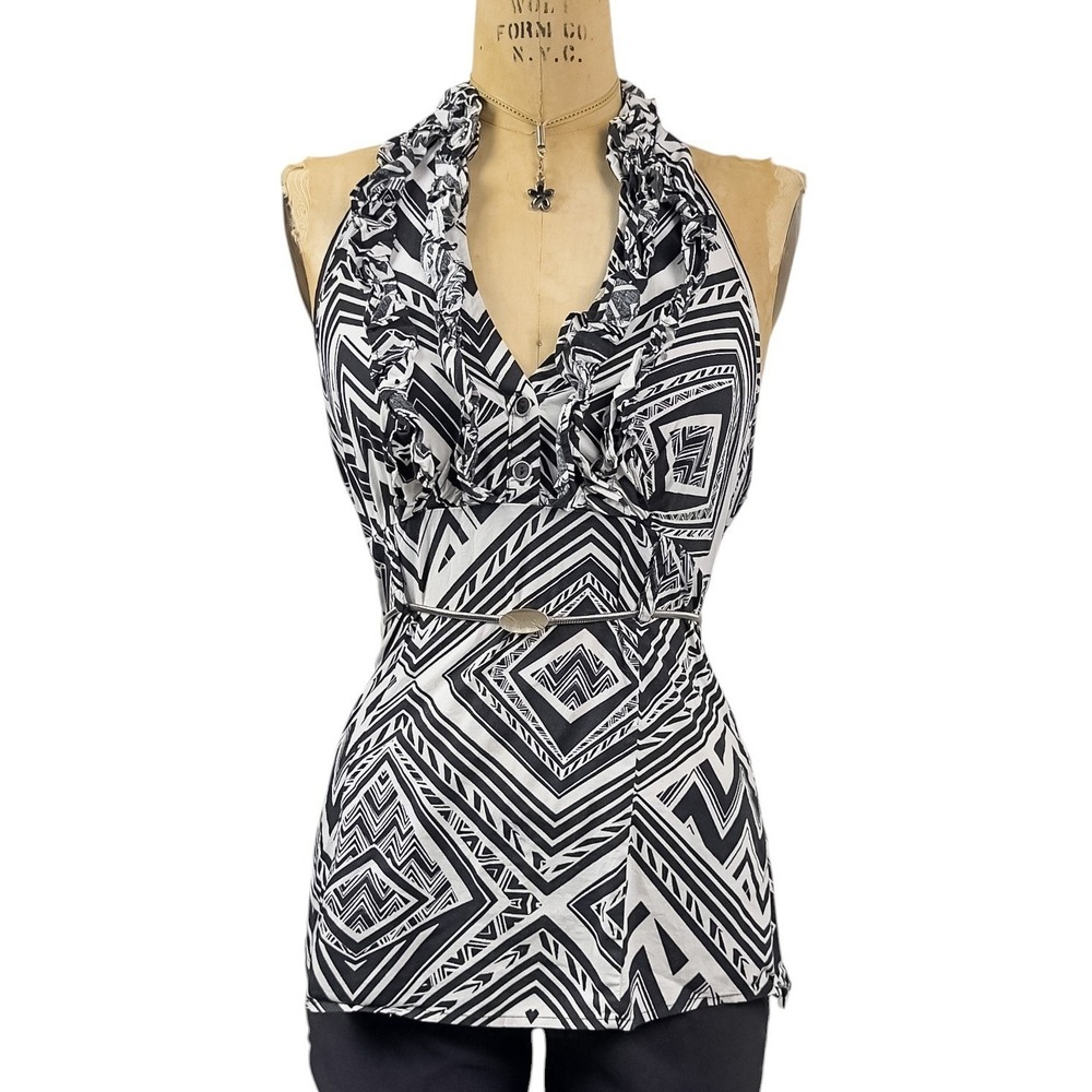 Y2K Ruffle Halter Top Geometric Retro Tribal Print V-Neck Cinched Boho 2000s